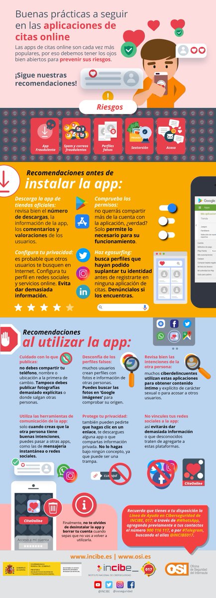 INCIBE's tweet photo. Las #apps de citas online son cada vez más populares. Por eso, debemos tener precaución para prevenir riesgos. Presta atención a las recomendaciones que te ofrecemos desde @osiseguridad para utilizarlas con #seguridad 🛡️.

📲 Infografía disponible en https://t.co/cEFg27Xj0Q https://t.co/wLOSXYDB5v