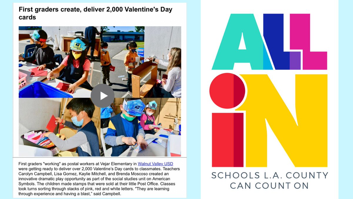WVUSD_Tweet's tweet image. WVUSD Making Headlines! @vejarschool first graders are featured in this week’s @LosAngelesCOE “All In” eNews report at: conta.cc/3JwFcKF. 
Watch video at: bit.ly/3rUFYLJ. #WVUSDProud #TogetherAgain #ReconnectRestoreReimagine