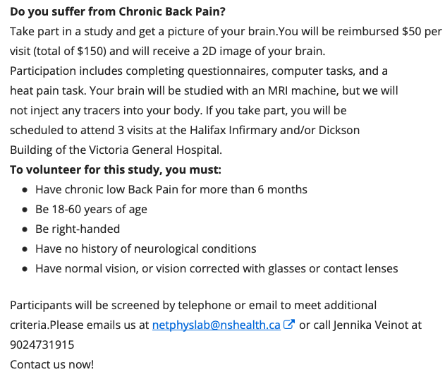 netphys1's tweet photo. Help us recruit for a study that will improve the lives of people with chronic back pain

+ help @jennikaveinot with her doctoral research 

Please RT 
#ChronicPain @CanadaPain @PainChampions @cpn_rdc @CanadianPain @halifaxnoise @halifaxnews @_researchNS @dmrf1979 @DalMedSchool https://t.co/nY6HqXZigI