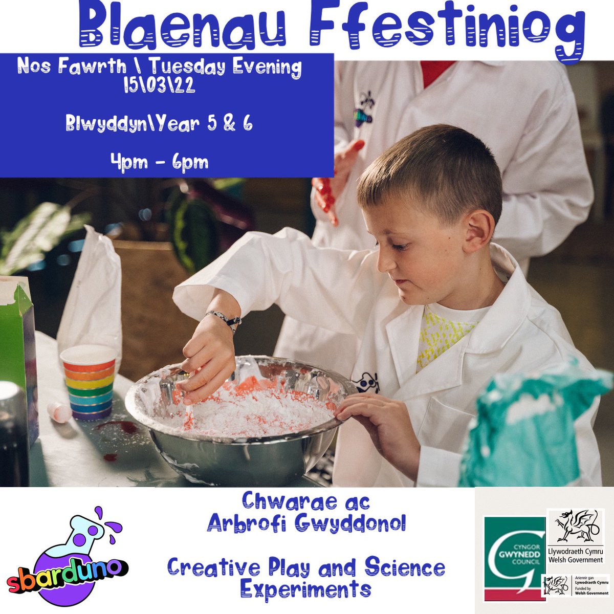 ‼️AM DDIM ‼️

Ydi eich plentyn ym Mlwyddyn 5/6 ac yn mwynhau Gwyddoniaeth? 

Mae <a href="/Sbarduno/">Sbarduno</a> yn cynnig gweithdy hwyliog, addysgol ac ymarferol gydag arbrofion amrywiol ar ar ôl ysgol fel rhan o #GaeafLlawnLles

Lle i 20 yn unig. 

Cofrestrwch yma👉 eventbrite.co.uk/e/268785503677