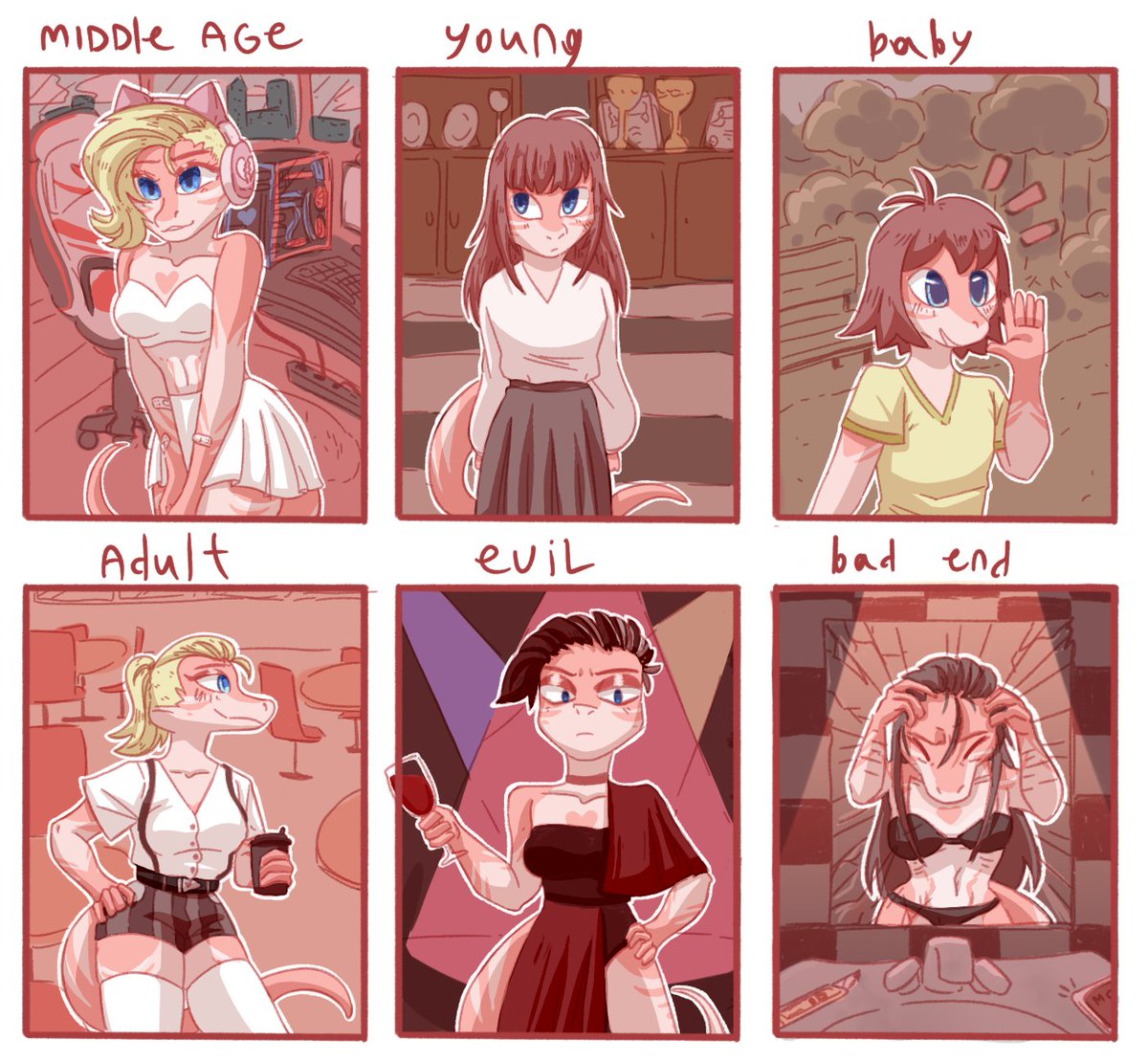 Ronshiii1's tweet photo. TW: selfharm 
i rarely draw my OC Mira so here 6 different versions of her heh
#digitalart #furryart https://t.co/VnuJZh9KaO