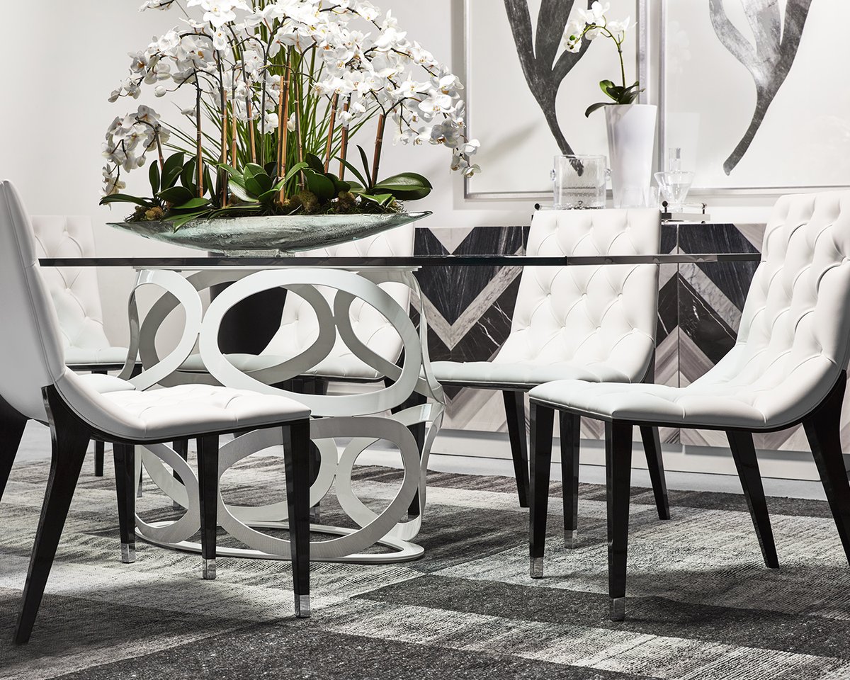Combining classic details with bold curves, the Club Side Chair and sculptural Icon Base create a highly stylish setting for your next soirée. View In-Stock Dining & Outdoor: ow.ly/uj7X50HX0T5 ____________________________ #robbstucky #interiordesign #furniture #florida
