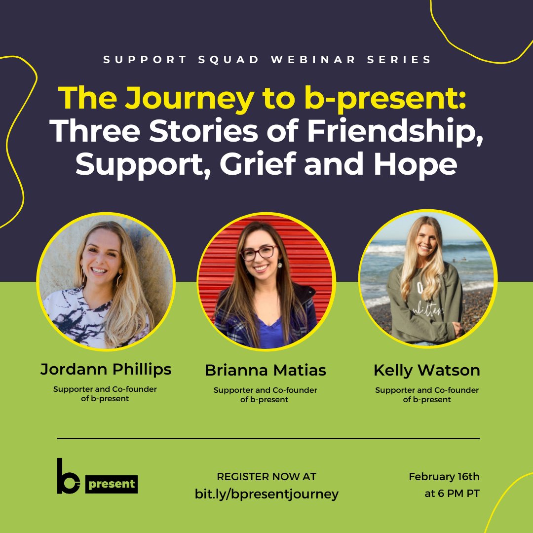 Tonight, we're chatting with AYA #cancer supporters and b-present co-founders Kelly Watson, Jordann Phillips, and Brianna Matias about the challenges they faced as supporters and how they have coped with the loss of a friend. 

See you at 6 pm PT ➡️ bit.ly/bpresentjourney