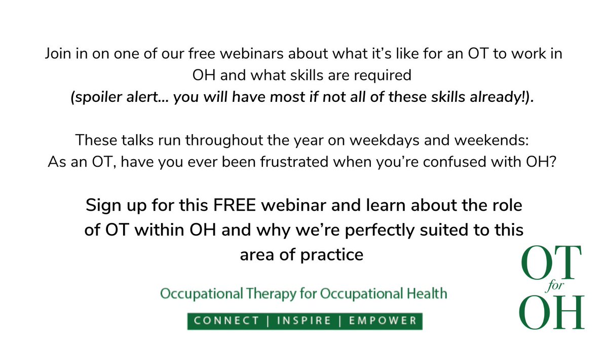 I run free webinars for occupational therapists interested in the field of occupational health! The last course was so well received, I can’t wait for the next one. Here’s a link to the Eventbrite page to sign up: rcot.co.uk/events/occupat… #OT #OH