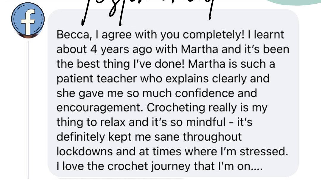 Thank you for such a fabulous testimonial 🌟

Come and join my Crochet Community to get started on your crochet journey.

facebook.com/groups/crochet…

#crochet #wellbeing #mindfulness