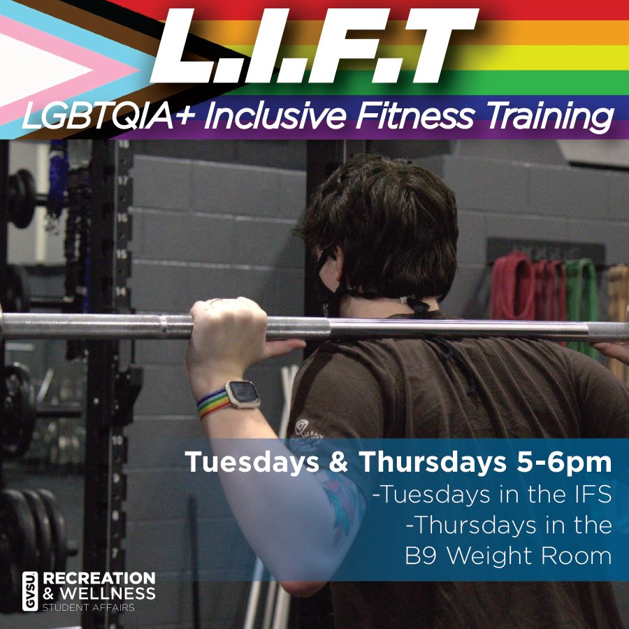 GVSURecWell's tweet photo. Join us for L.I.F.T! L.I.F.T is a supportive and safe environment for individuals who identify in the LGBTQIA+ community and allies to perform strength-based work out. Register on the MindBody app.
#GVSU #GVRecWell #Fitness https://t.co/YK3MaGScAD