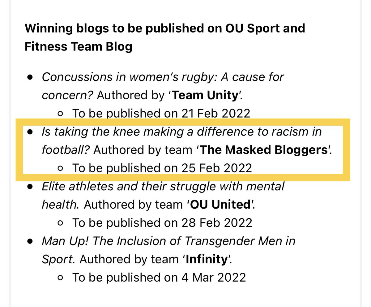 blackberrychris's tweet photo. For our uni module we had to work in a team to author a blog on a contemporary issue. So proud that my teams blog has been chosen as one of the modules ‘winning’ blogs from around 70 entrants, looking forward to it being published next week! Go Masked Bloggers!
#oue119 @OU_Sport https://t.co/HivOa8bOuC