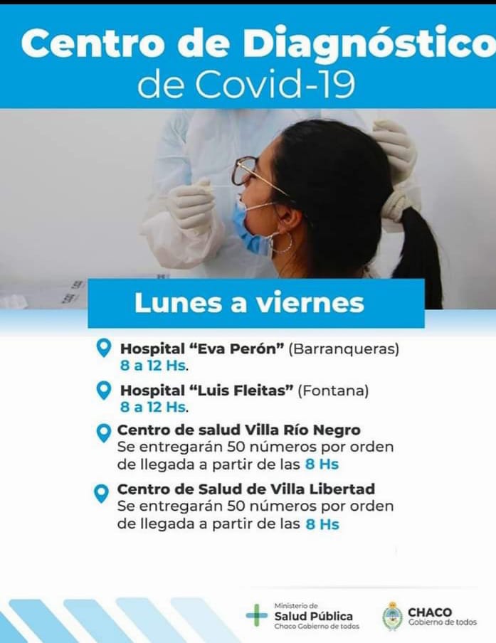 ChacoSalud's tweet photo. 😷 Centros de diagnóstico de COVID-19 habilitados durante esta semana en el Gran Resistencia.

#SaludPublica https://t.co/OqR5WGPubc