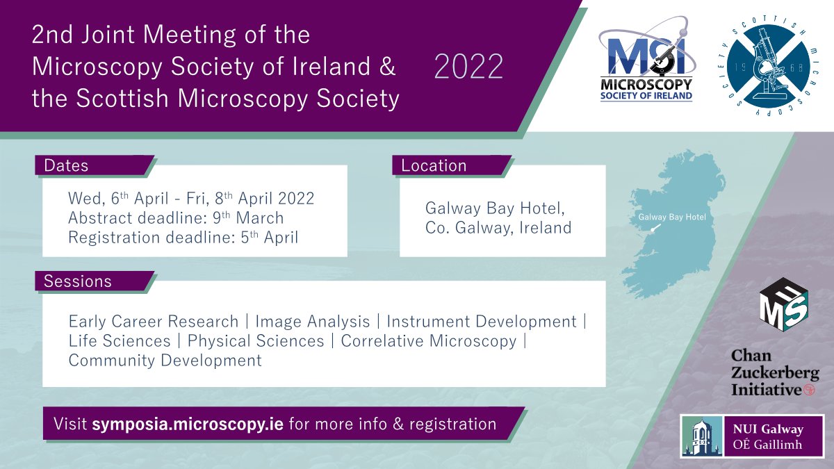 Join us for the 2nd joint meeting of <a href="/MicroscopyIrl/">Microscopy Society of Ireland🔬</a> and <a href="/scotmicro/">Scottish Microscopy Society</a>, hosted by @nuigalway at the <a href="/GalwayBayHotel/">Galway Bay Hotel</a> April 6th-8th!

Looking forward to some amazing #microscopy, especially #Student and #EarlyCareer contributions.

Details at symposia.microscopy.ie