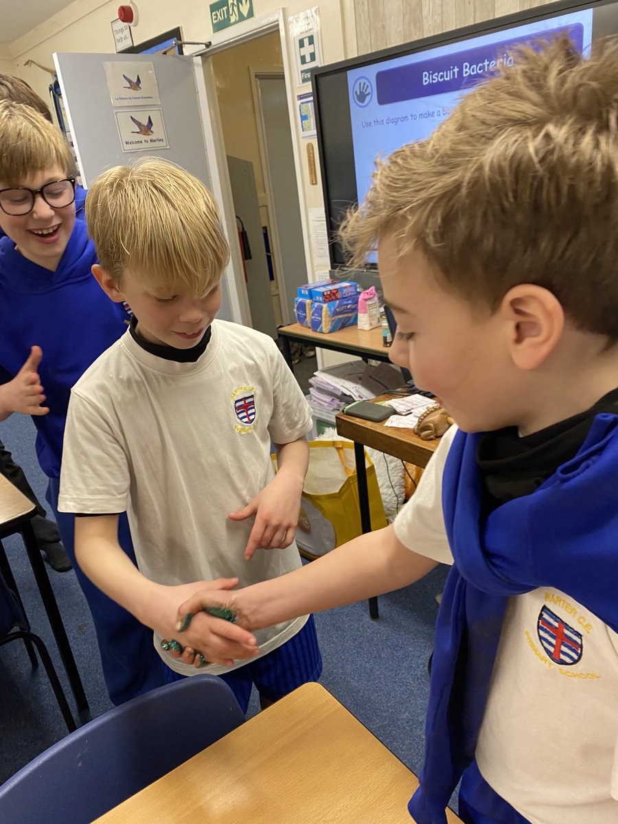 WarterPrimary's tweet photo. Merlins investigating the transfer of germs… #WarterScience https://t.co/SKgfub0Ub2