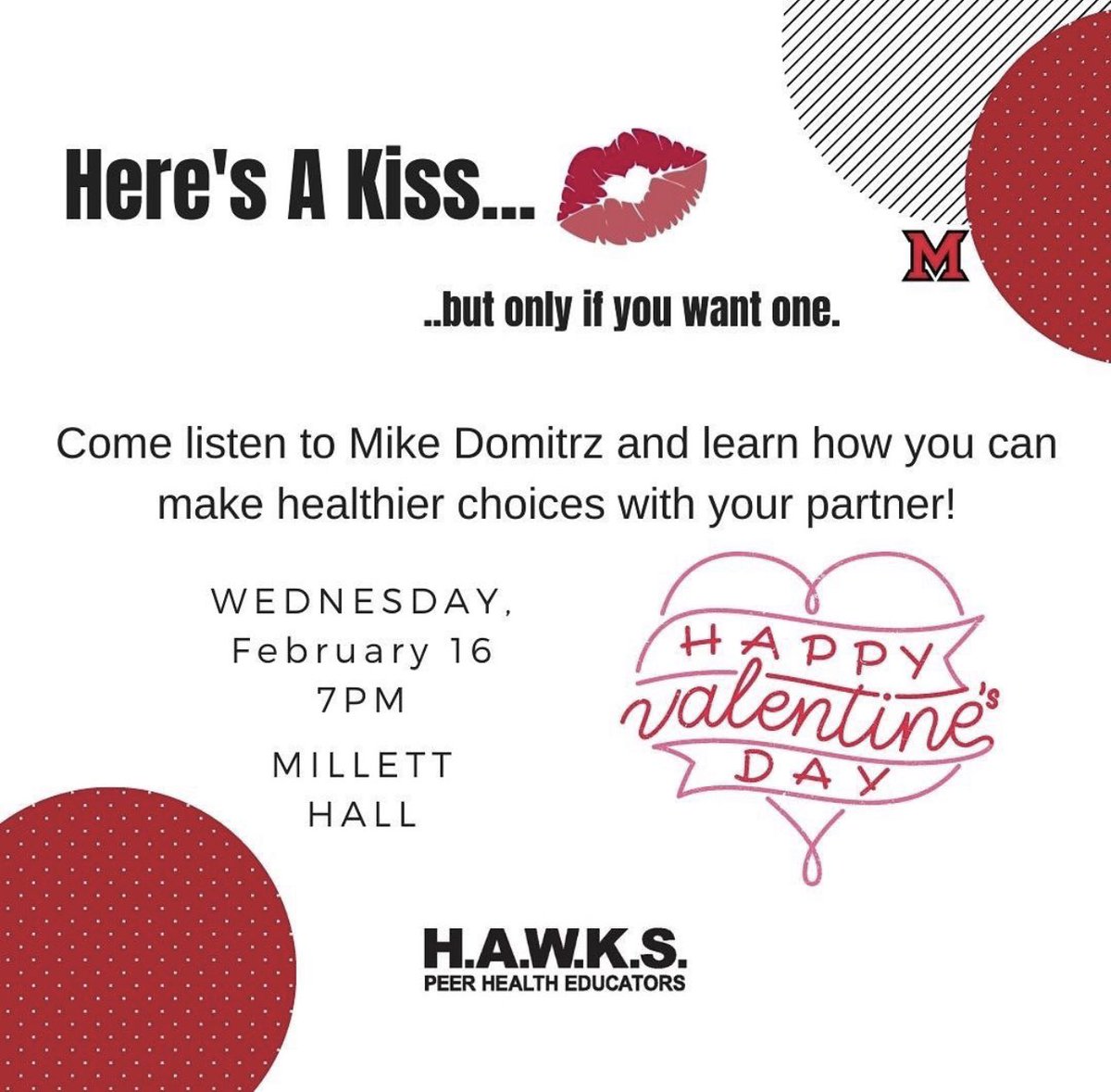 HAWKShealthzone's tweet photo. TONIGHT!! Millet Hall at 7pm. See you there! #MiamiOH #HAWKSPeerEd https://t.co/9nYgpH4qK8