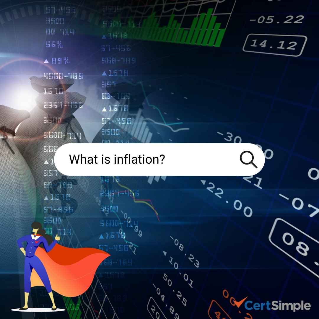 A measure of the rate of rising prices of goods and services in an economy.
Can occur when prices rise due to increases in production costs, such as raw materials and wages.
#itsthatsimple

CertSimpleUSA.com