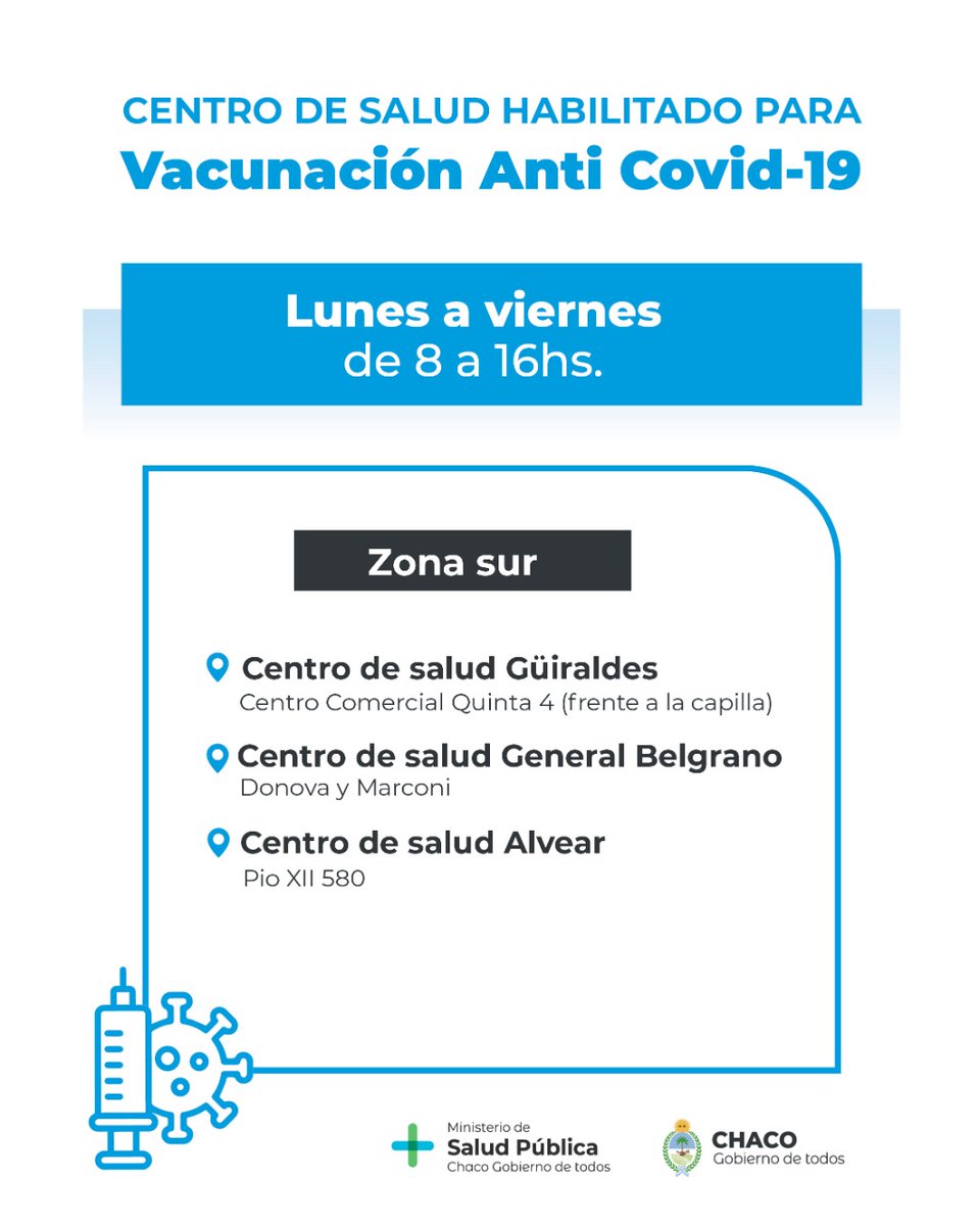 ChacoSalud's tweet photo. 😷 Centros de diagnóstico de COVID-19 habilitados durante esta semana en el Gran Resistencia.

#SaludPublica https://t.co/SAZWE9utCr