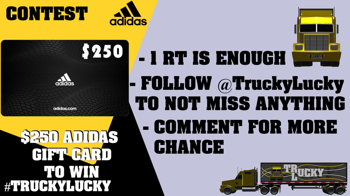 TruckyLuckyApp's tweet photo. #Contest #Game
📱🎁Win an @adidas gift card worth up $250!
Buy whatever you want!

- 1 #RT is enough

🍀More chance:
📲 On app: https://t.co/sJv96QslfF
💬 Comment with mentions

Follow @TruckyLuckyApp for more contests.

#Giveaway #ImpossibleIsNothing #Adidas @adidasUS @adidasUK https://t.co/IjqDzbaQ7q