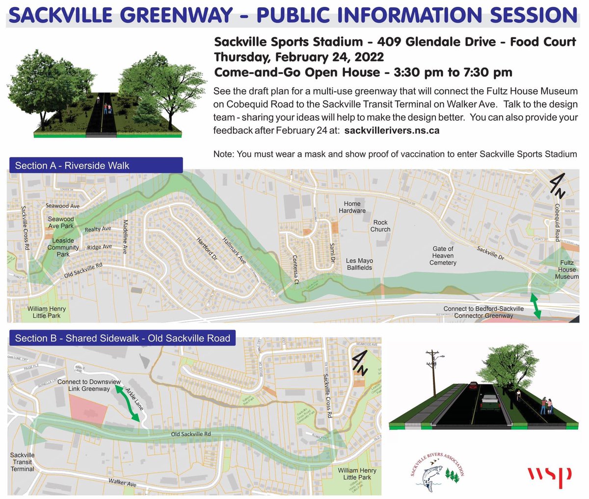 TODAY - come see, and help shape future plans for #Halifax's multi-use #BedfordSackvilleGreenway Trail at the #Sackville Sports Stadium food court from 3:30-7:30pm. 