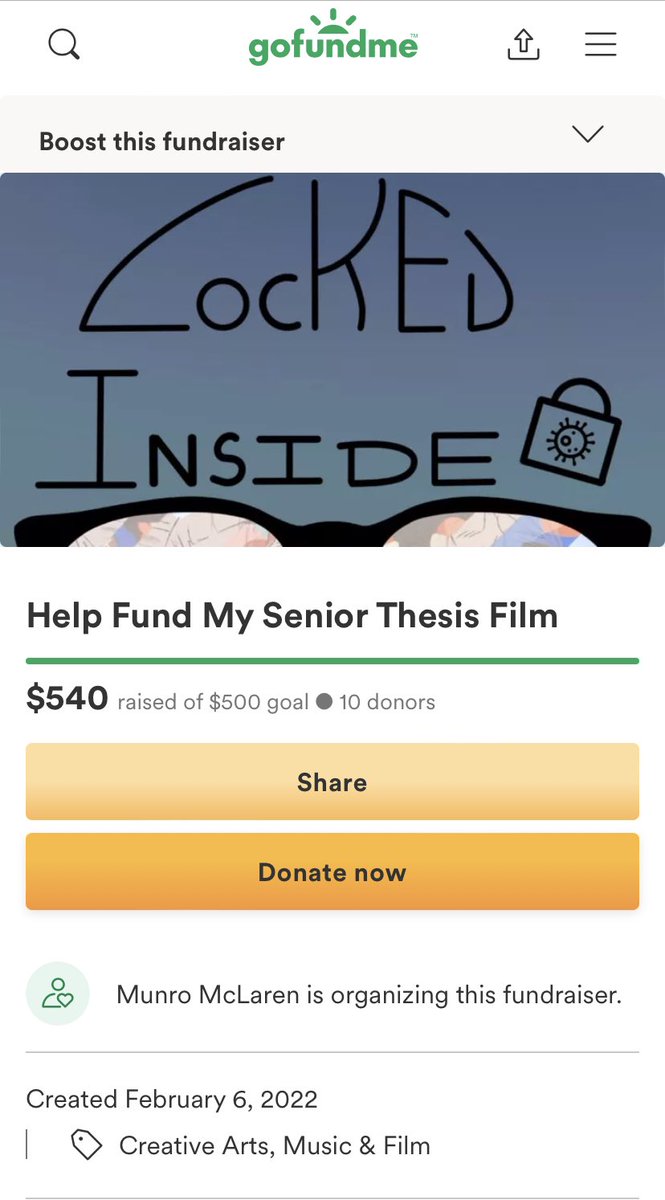 MunroMcLaren's tweet photo. We’ve reached our goal of $500! Thank you to everyone who donated! Your donations are greatly appreciated. If you still want to donate, the GoFundMe is still up! 

#shortfilm #studentfilm #filmmaking #LockedInsideDoc #documentary #mentalhealth #Covid19

https://t.co/txxqNdpBon https://t.co/GiHxshTYYx