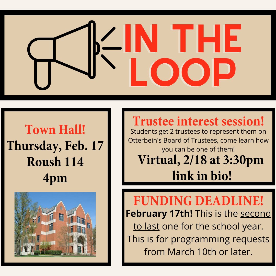 OttUStudentGov's tweet photo. Stay in the loop! This week we have an important Town Hall, Trustee interest session, and the second to last funding deadline of the year! https://t.co/IGbjXTOZKH