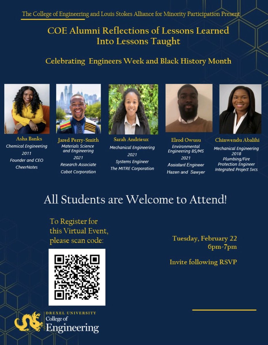 SalesLaboratory's tweet photo. Check out @Ghanaian_Papi (Elrod), a former undergrad researcher in our lab and recent BS/MS ENVE graduate in @DrexelCAEE, who will be a panelist for a Zoom event on Feb 22 6-7pm Celebrating @DrexelEngr Black Alumni

Register here:  https://t.co/Z2kkMEqWdc https://t.co/U0rtkUsCqd