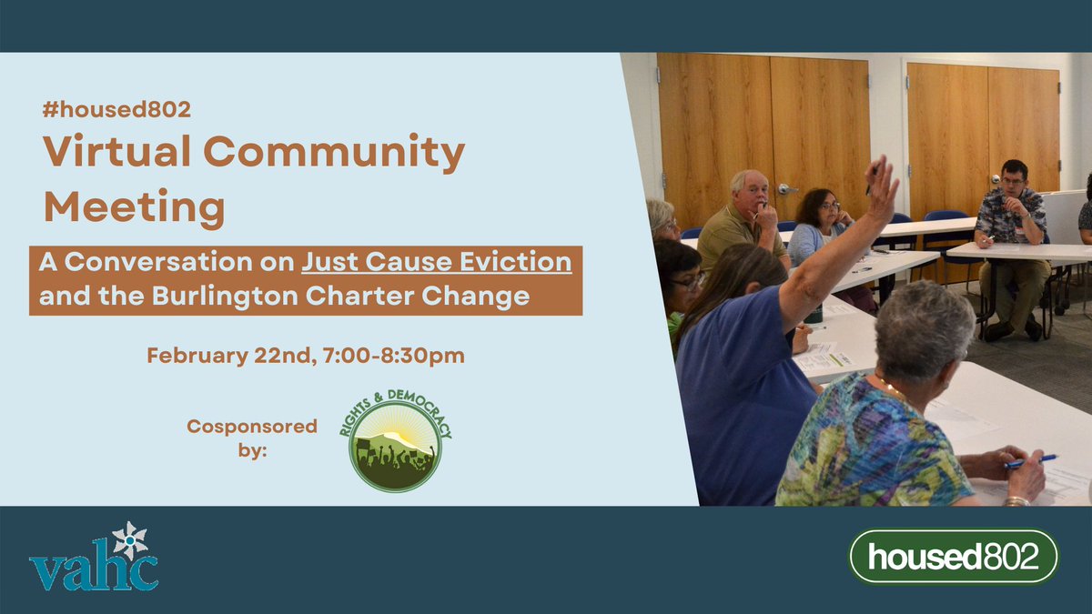Join us this coming Tuesday for a discussion with <a href="/RightsVT/">Rights & Democracy</a> on Just Cause Eviction and how the Burlington Charter Change will affect you!
fb.me/e/4l3pqml3Q
#housed802