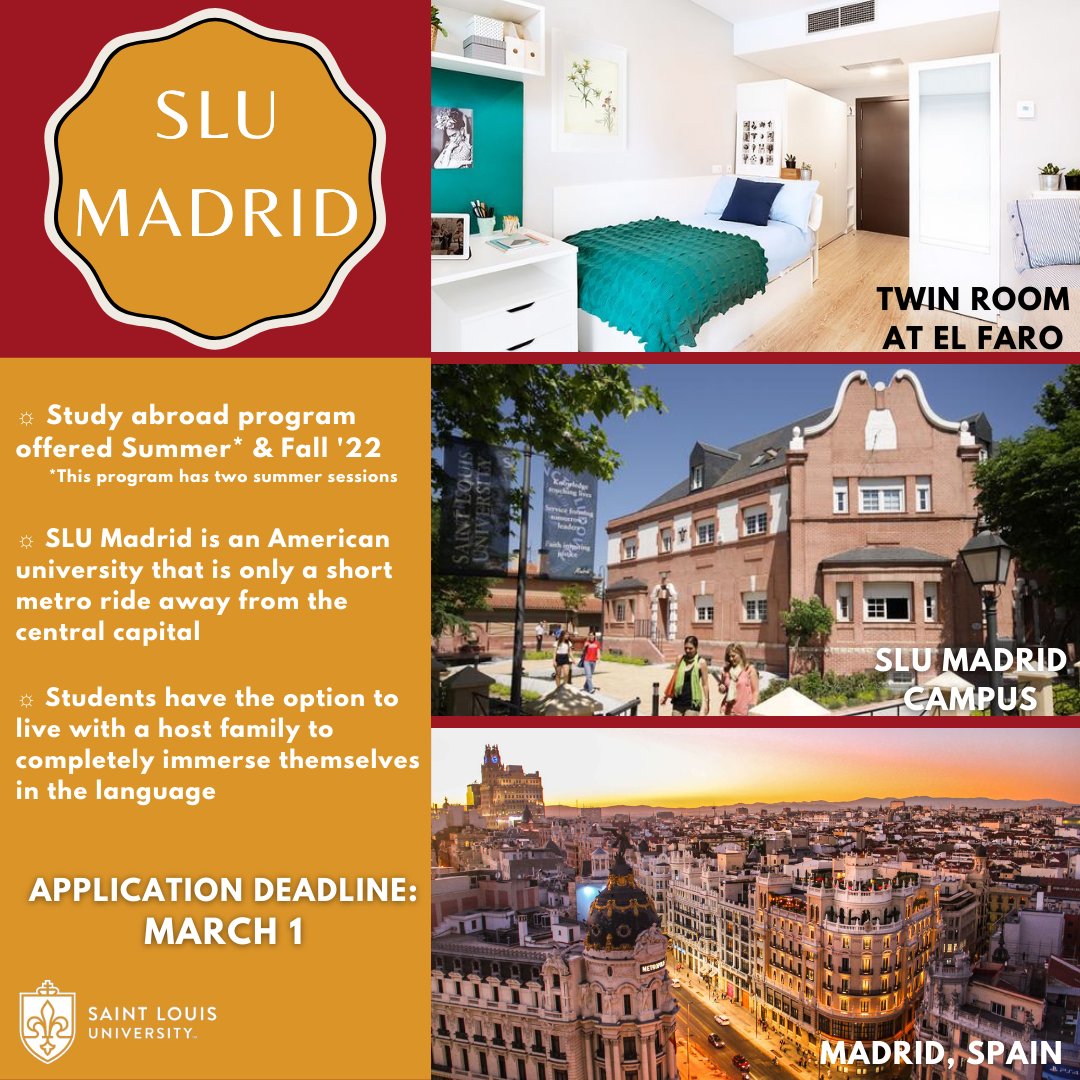 School Spotlight: SLU Madrid 🇪🇸
Always wanted to immerse yourself in the Spanish language and culture? SLU Madrid is the place for you! 
Apply now to study abroad during Summer or Fall 2022!
» 
»
»
Application Deadline: March 1

More information at:
studyabroad.marquette.edu