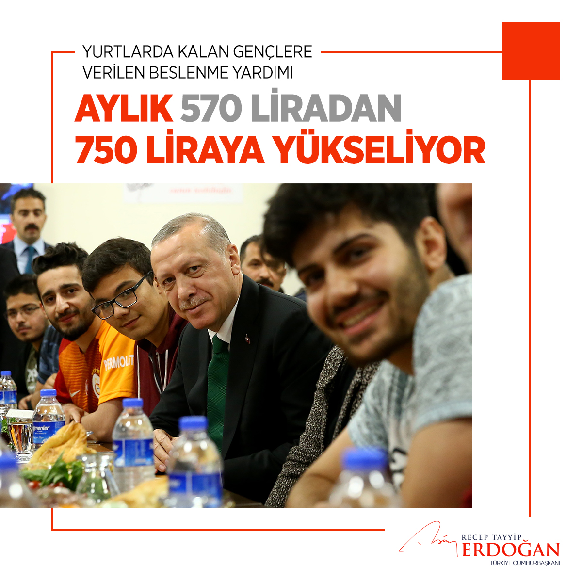 RTErdogan's tweet photo. GSB yurtlarında kalan 745 bin gencimize verdiğimiz beslenme yardımını aylık 570 liradan 750 liraya yükseltiyoruz.

Böylece üniversite öğrencilerimizi yemek ücretlerinde yaşanabilecek muhtemel artışlara karşı koruma altına almış oluyoruz. Gençlerimize hayırlı olsun. https://t.co/4J8k2vXCdx