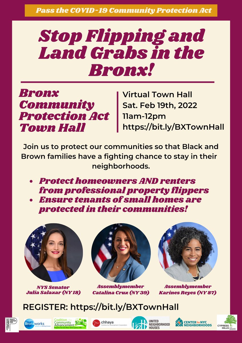 prattcenter's tweet photo. Join us for a Bronx virtual town hall THIS SATURDAY (2/19) at 11AM to call on leaders to PASS the #CommunityProtectionAct and protect NYC neighborhoods!
Register: https://t.co/r8d90Egr22 https://t.co/cIQysZ8K2s