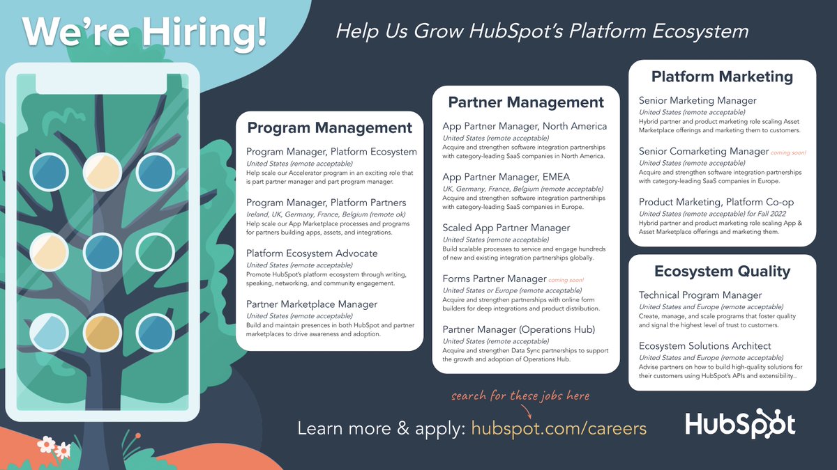 With over 135,000 customers globally, more than 1,000 apps, and $19 billion in opportunity ahead for partners, <a href="/HubSpot/">HubSpot</a>'s platform ecosystem is growing fast.

We need more great people on our team. Interested in any of these new open positions?

hubspot.com/careers #martech