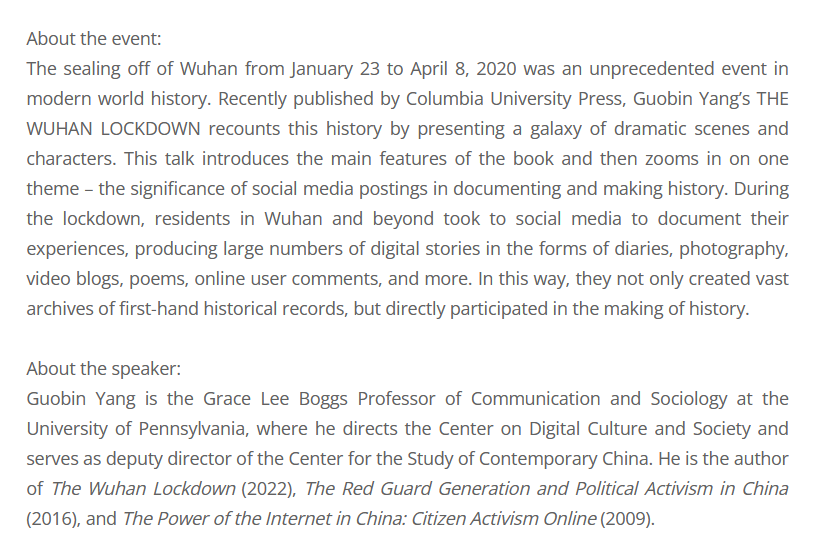 LongInstitute's tweet photo. Don't miss our 2022 Distinguished Lecture next week - "Social Media and Social History during the Wuhan Lockdown" - featuring @Yangguobin on Feb. 24, 2PM Pacific Time via Zoom: https://t.co/3rcgiMzkee https://t.co/kjbNWgryuX