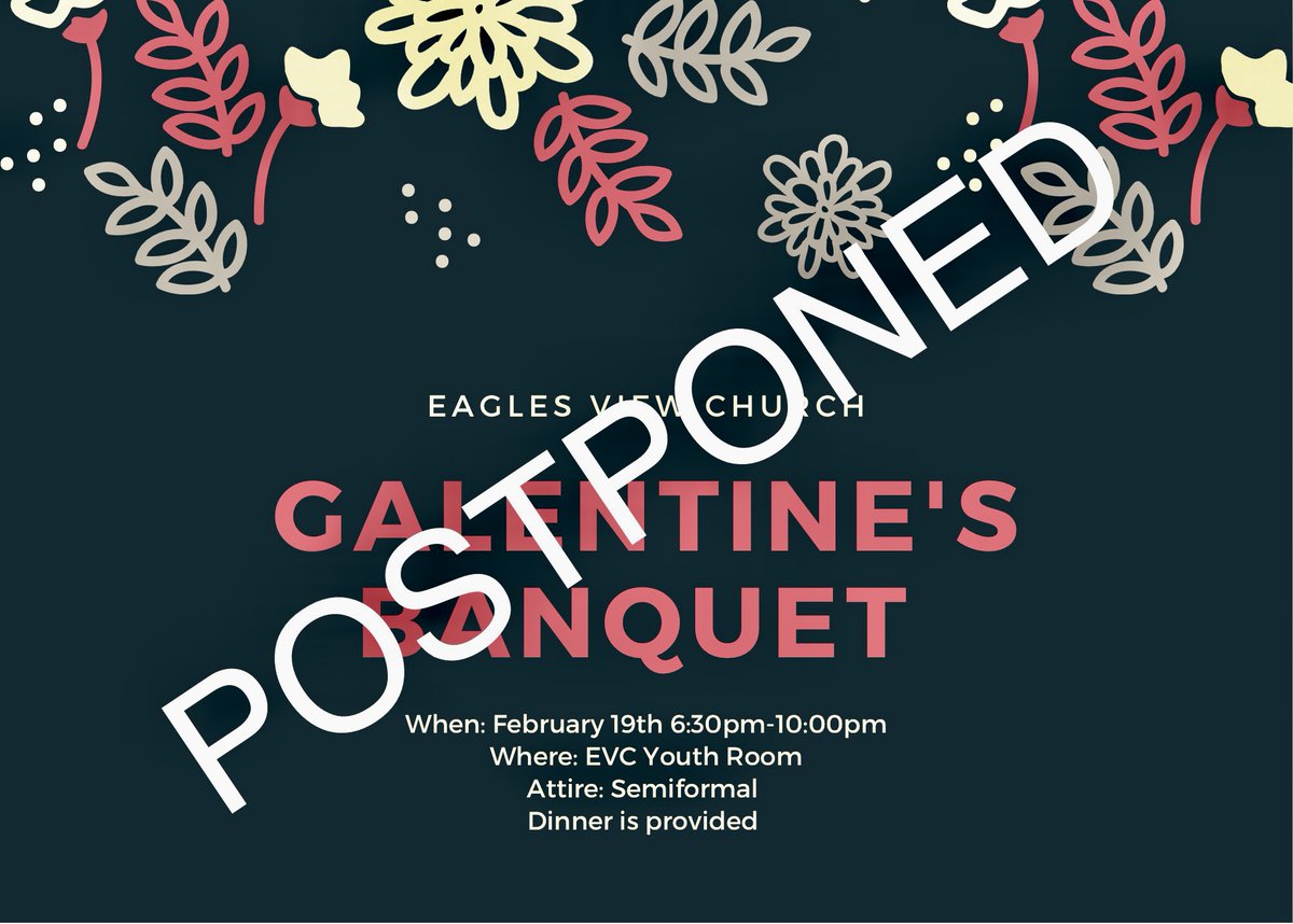 evcstudentsHSM's tweet photo. HIGH SCHOOL LADIES!!!! 

The Ladies Banquet scheduled for this Saturday has been POSTPONED! It will@be rescheduled at a later date!! https://t.co/XuH4X6mXUZ