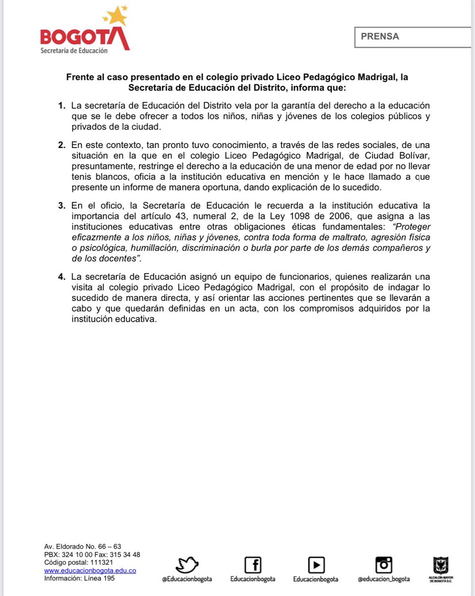 Desde <a href="/Educacionbogota/">Secretaría de Educación de Bogotá</a> informamos que, frente al caso registrado en redes sociales, en el que presuntamente el colegio privado Liceo Pedagógico Madrigal de Ciudad Bolívar, restringe el derecho a la educación de una menor de edad por no tener tenis blancos. (1)