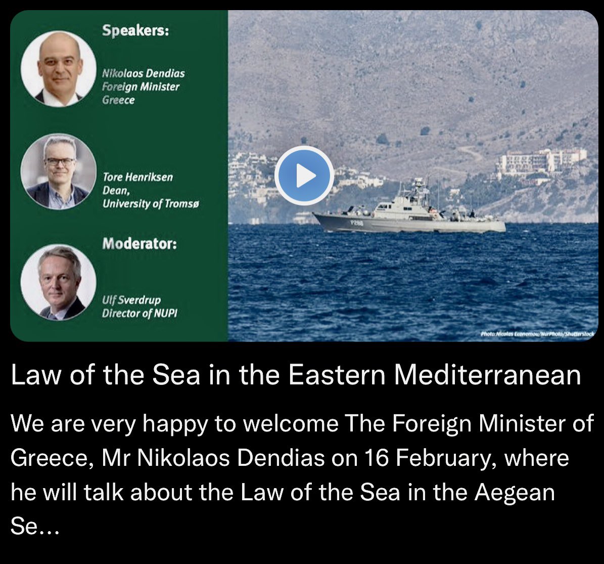 eevriviades's tweet photo. Law of the Sea in the Eastern Mediterranean. Webinar w Greek FM @NikosDendias at @nupinytt w @Tore2Henriksen &amp; @USverdrup 

🎥 https://t.co/jc0hmFxuuR via @YouTube

#Greece #Turkey #LawOfTheSea #UNCLOS #Aegean #AegeanSea #EastMed #Mediterranean #NUPI #Archive cc: @norwayingreece https://t.co/Omso1dMybu