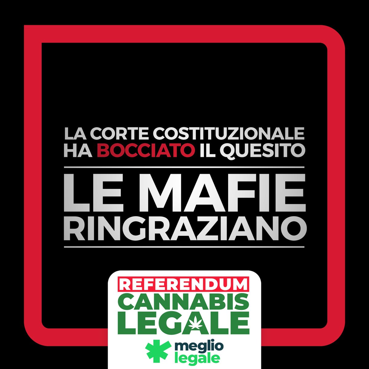 L’inammissibilità al quesito del #ReferendumCannabis della Corte Costituzionale è una sconfitta. 

Ma non è la sconfitta di chi lo ha sostenuto. Andiamo avanti <a href="/LegaleMeglio/">MeglioLegale</a> 
Noi ci siamo!