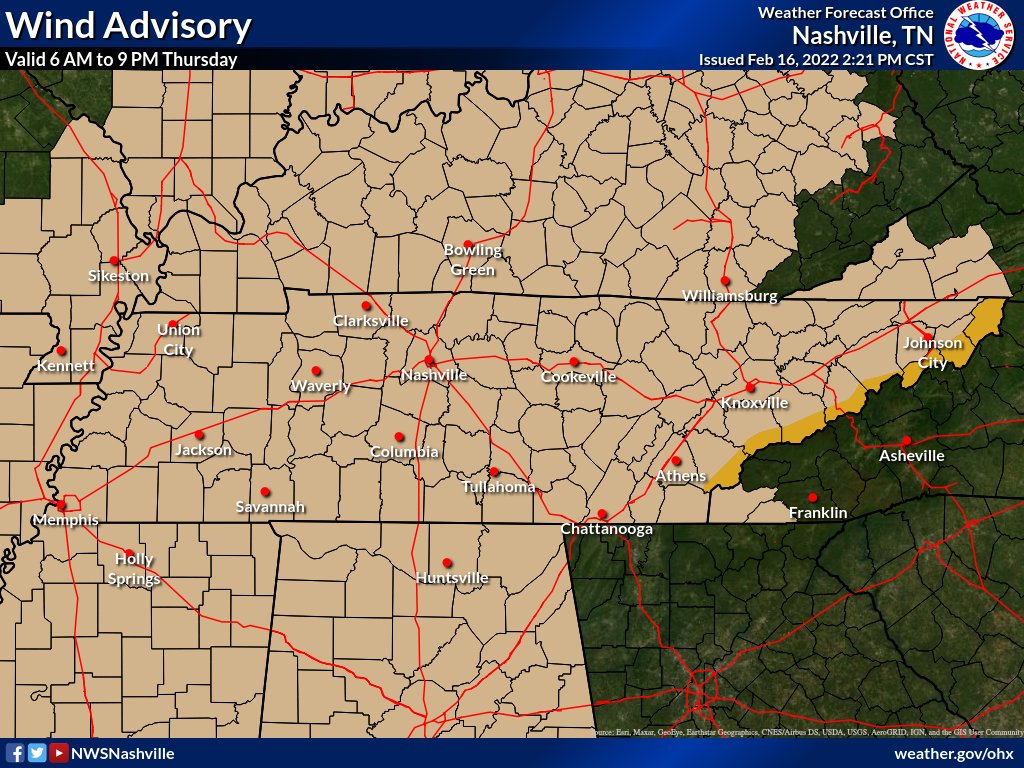 Windy tomorrow with the potential for severe weather.  Wind advisory for 20-30 mph with gusts up to 45 mph from 6 am - 9 pm.  Severe weather west 1-3 pm, Nashville Metro 3-6 pm Plateau 6-9 pm.  Do you have a safety plan? Please stay weather aware.
