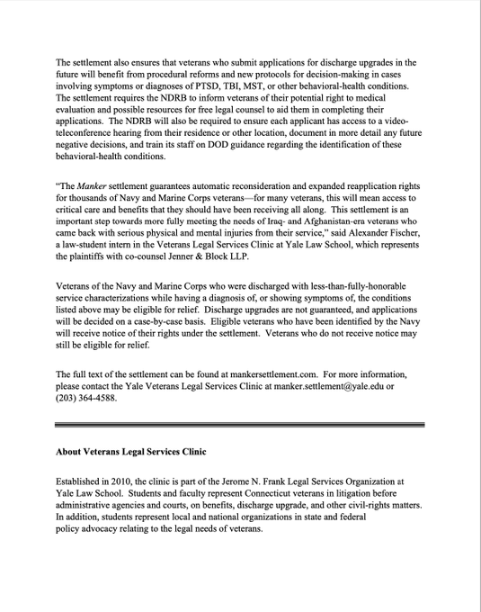 MikeWishnie's tweet photo. Last night, a federal court granted final approval to the settlement in nationwide class action, Manker v. Del Toro. @USNavy will review #badpaper discharges of thousands of @USMC and Navy veterans affected by PTSD, TBI, and MST. @YaleVetsClinic More info https://t.co/PxH21joGfR https://t.co/VRqddcMmv1