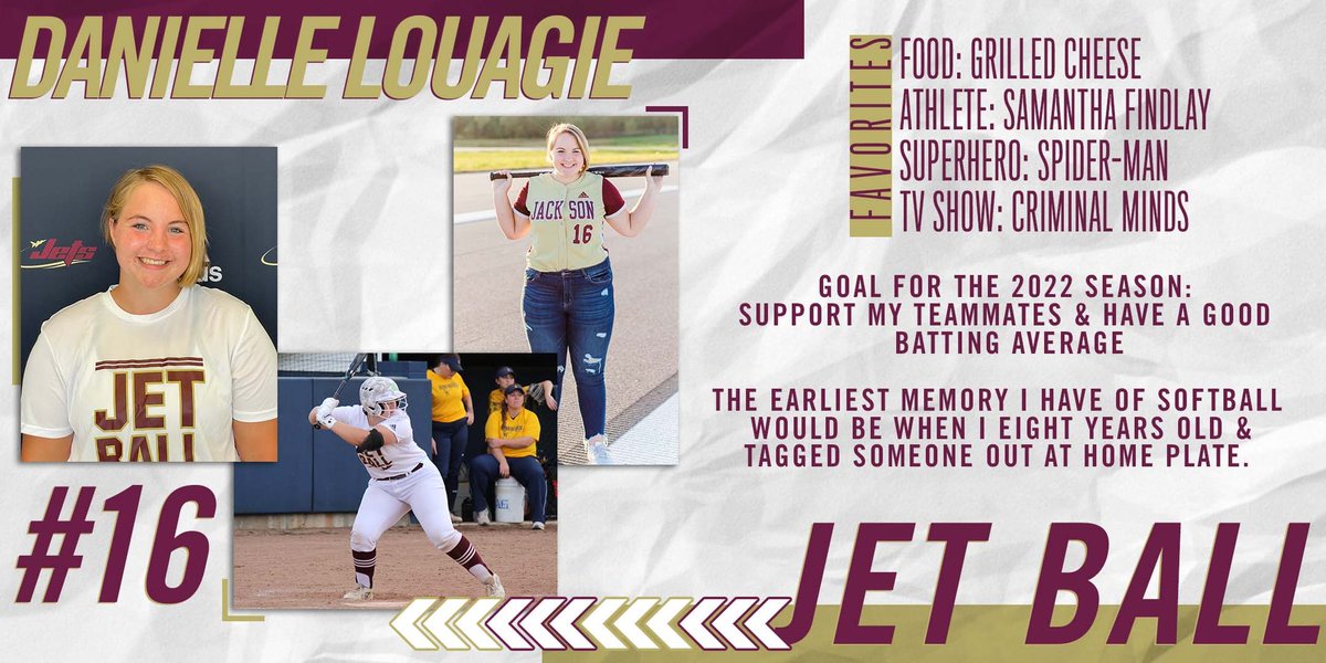 We are 8️⃣ days away from the first pitch of the 2022 season. 

Follow the roster prior to Feb. 25 ⬇️
No. 16 𝓓𝓪𝓷𝓲𝓮𝓵𝓵𝓮 𝓛𝓸𝓾𝓪𝓰𝓲𝓮
Twitter: <a href="/daniellelouagie/">Danielle Louagie</a> 

#jetball✈️🥎 #jetlife✈️