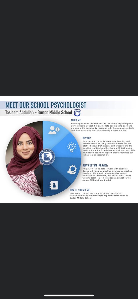 Meet our team....Tasleem has been with the Burton School District for 4 years. Thank you Tasleem for your dedication to our students, staff and families!