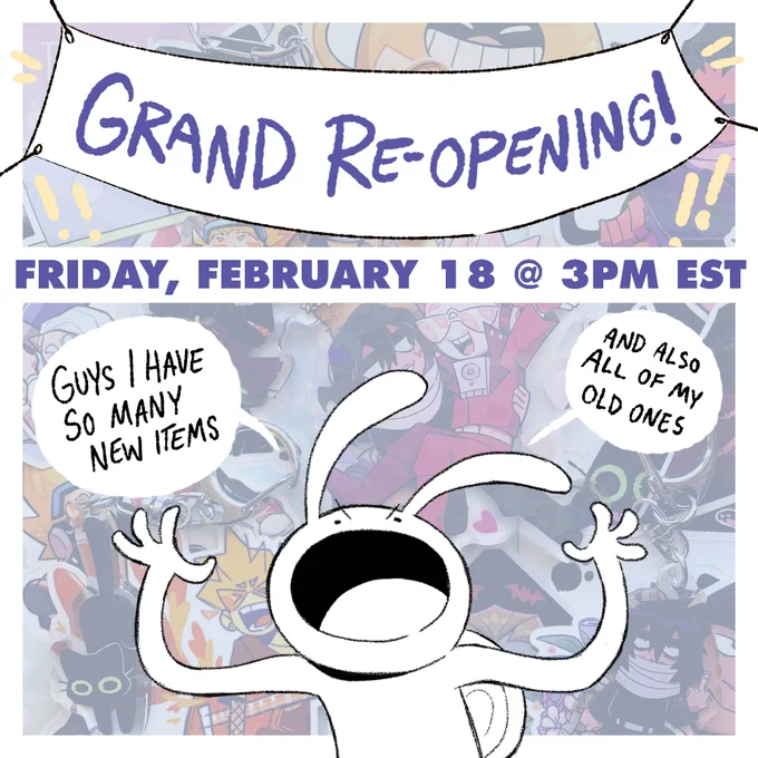 hey gang, my shop is reopening THIS FRIDAY AT 3PM EST!!! i have a bunch of new stickers + acrylic charms, and all of my items from last fall will return! 🎉🎉

i'll also have shipping to Canada available from now on! 