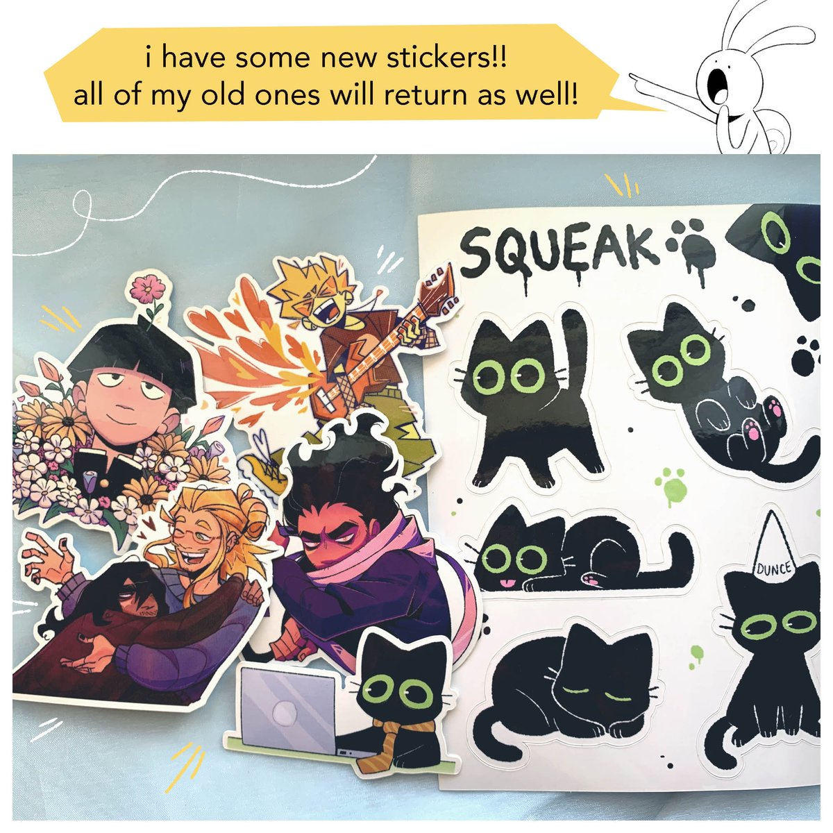 hey gang, my shop is reopening THIS FRIDAY AT 3PM EST!!! i have a bunch of new stickers + acrylic charms, and all of my items from last fall will return! 🎉🎉

i'll also have shipping to Canada available from now on! 