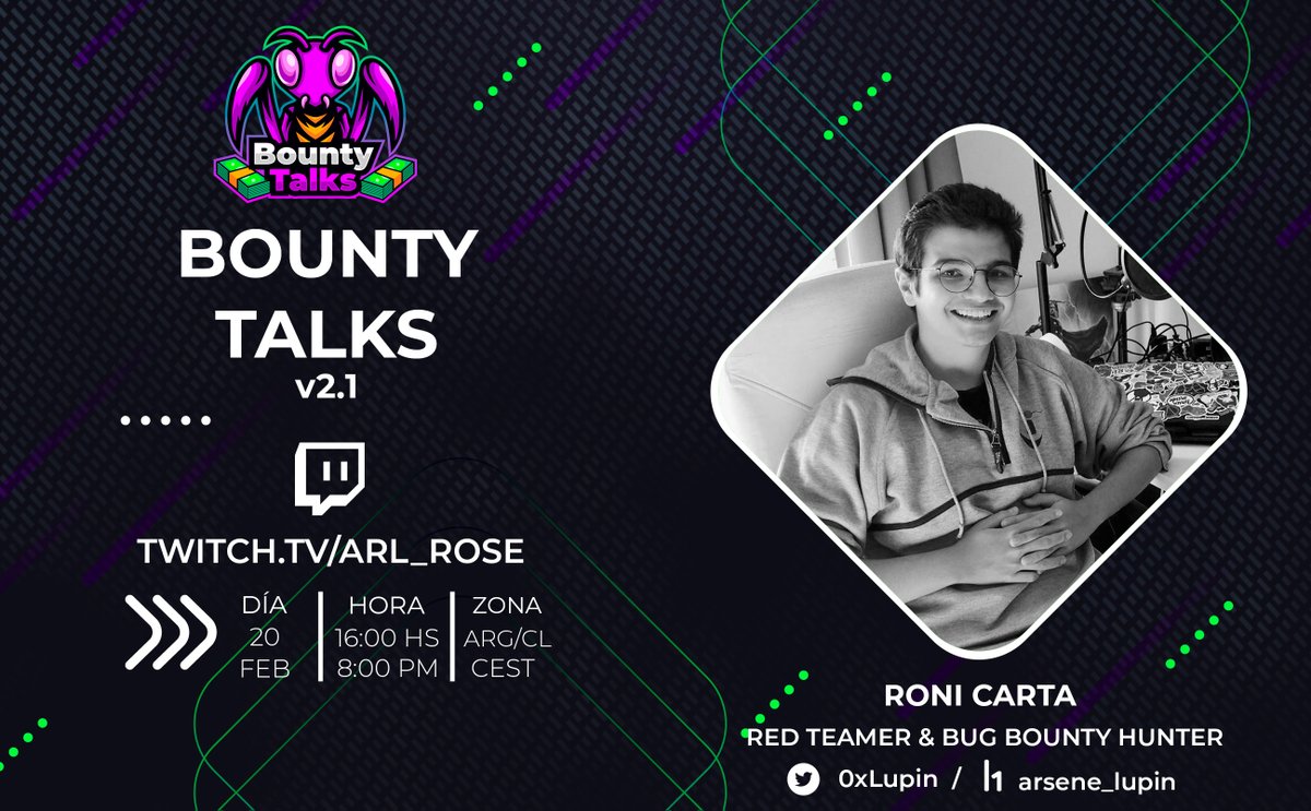 Bueno, la espera ha terminado. Este domingo vuelve Bounty Talks con el inicio de la segunda temporada, y que mejor manera de arrancar sino que con un invitado de lujo. Este domingo estaremos hablando con Roni Carta (<a href="/0xLupin/">Lupin</a>). Se suman a las 4PM ARG por twitch.tv/arl_rose!
