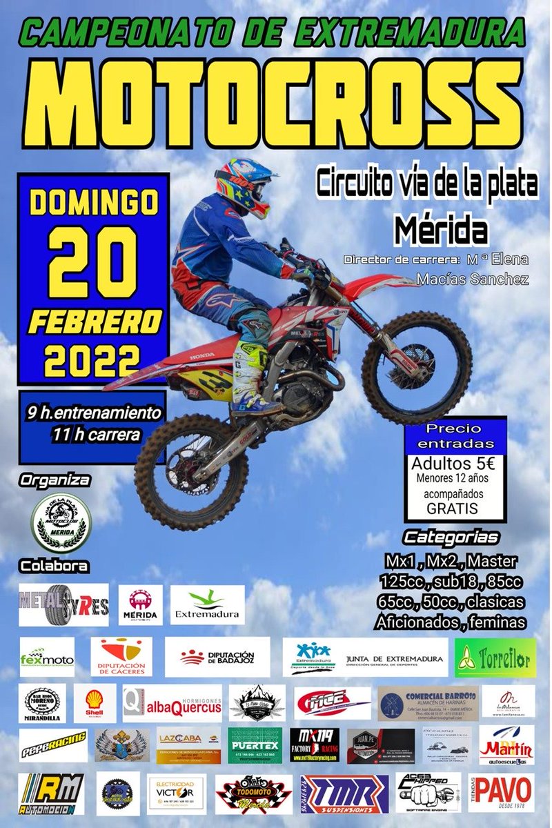 ayto_merida's tweet photo. Este domingo, 20 de febrero de 2022, se disputa, en el circuito municipal Vía de la Plata, una prueba puntuable para el campeonato extremeño de Motocross @Royanejos #fexmoto https://t.co/JUuSO6MpjM