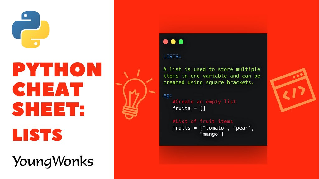 YoungWonks's tweet image. A list is used to store multiple #items. Shared here is an example of a list called Fruits. Follow us for more such #bitesizedcodingwithYoungWonks #pythonprogramming #kidscoding #lists #learningresources #pythoncheatsheet #Python #coding #programming