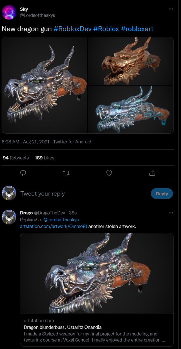 DragoTheDev's tweet photo. PSA: to all my fellow roblox devs.
dont fall for this guy's BS he didnt make any of the work on his twitter.He finds other peoples art on 3d artist discords and forums and posts it on twitter as his own
https://t.co/dZVUTvObcE
discord is Sergeant Pickles#4042
#RobloxDev #Roblox https://t.co/TQkyQoEn3m