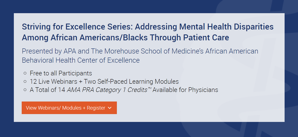 APA & @MSMEDU's African American Behavioral Health, have partnered to provide learning modules on disparities in African American/Black mental health care. Visit ow.ly/KGJf50HWYh7 to learn more. #AchieveMentalHealthEquity