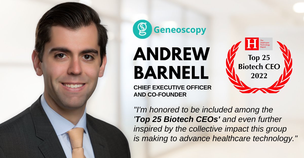 GeneoscopyCo's tweet photo. Congrats to Geneoscopy's CEO & Co-founder, Andrew Barnell, named one of the Top 25 #Biotech CEOs for 2022! We're proud to be on your team!
See a complete list of Healthcare Technology Report Honorees: https://t.co/bF3gLD5aKU
#colorectalcancer #preventcrc #advancedmedicine https://t.co/iJymM1IWMV