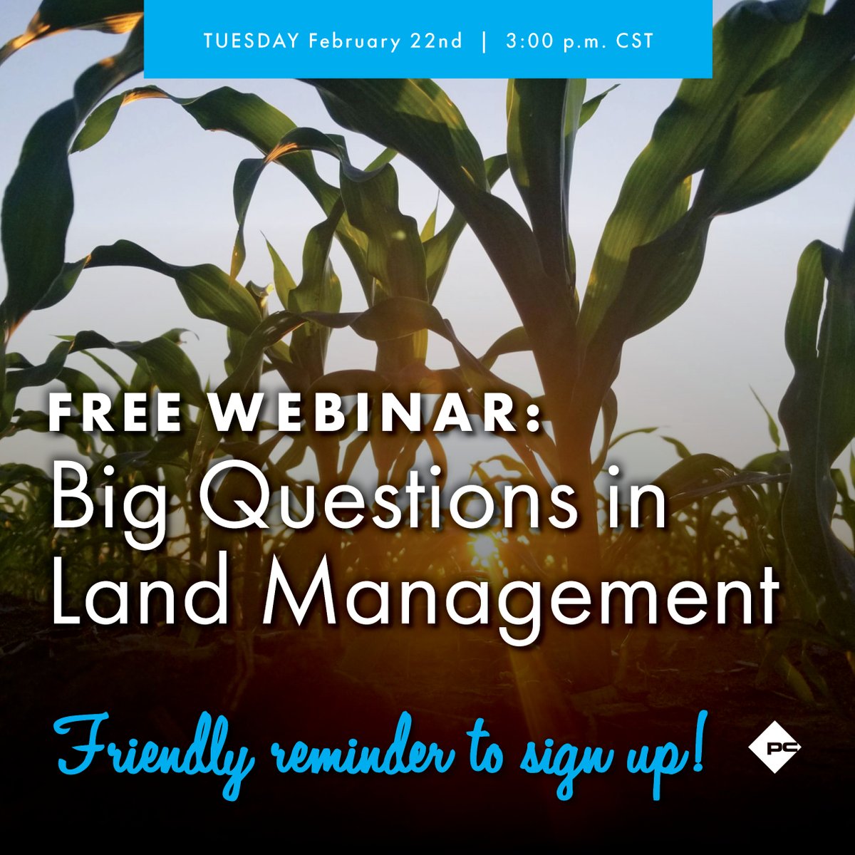 FRIENDLY REMINDER!

Please join us next Tuesday, Feb 22, for a complimentary webinar at 3 pm.

Timely information will cover input prices, crop marketing/futures, rice markets, annual return vs. long-term appreciation, and succession planning.

Register: bit.ly/3H1e5GU