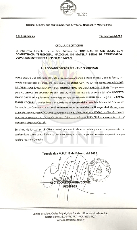 COPINHHONDURAS's tweet photo. 🔴#ATENCIÓN | Lectura de Sentencia de caso en Contra de David Castillo para el próximo 04 de abril de 2022.
👉🏽 El Tribunal de Sentencia con Competencia Territorial Nacional en Materia Penal cita para lectura de sentencia luego de un retraso de más de 7 meses.
#JusticiaParaBerta https://t.co/jUoWxj8x3A