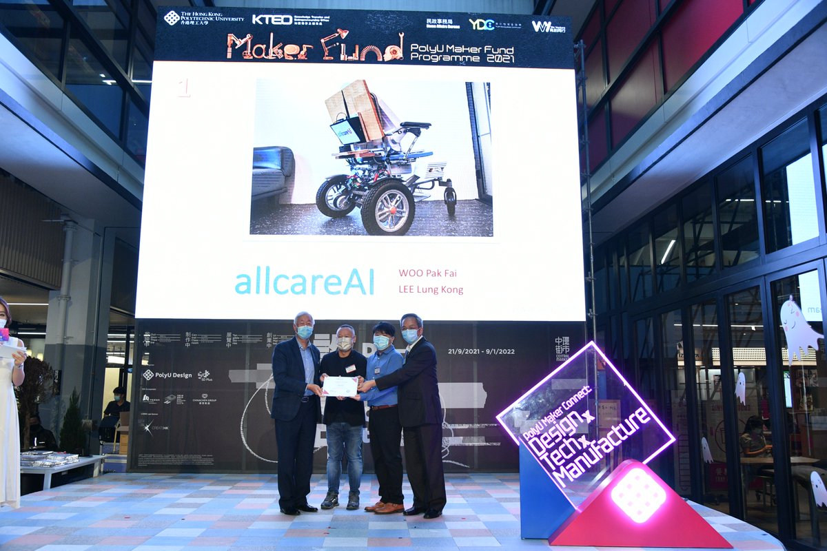 HKPolyUENGL's tweet image. Congrats🎉to our BA alumnus Perphy Woo for winning HK$600K funding and 2-year incubation support from the #PolyU Maker Fund Programme 2021 for the design and technology solutions of allcareAI, a #gerontech project💡! #entrepreneurship #startup