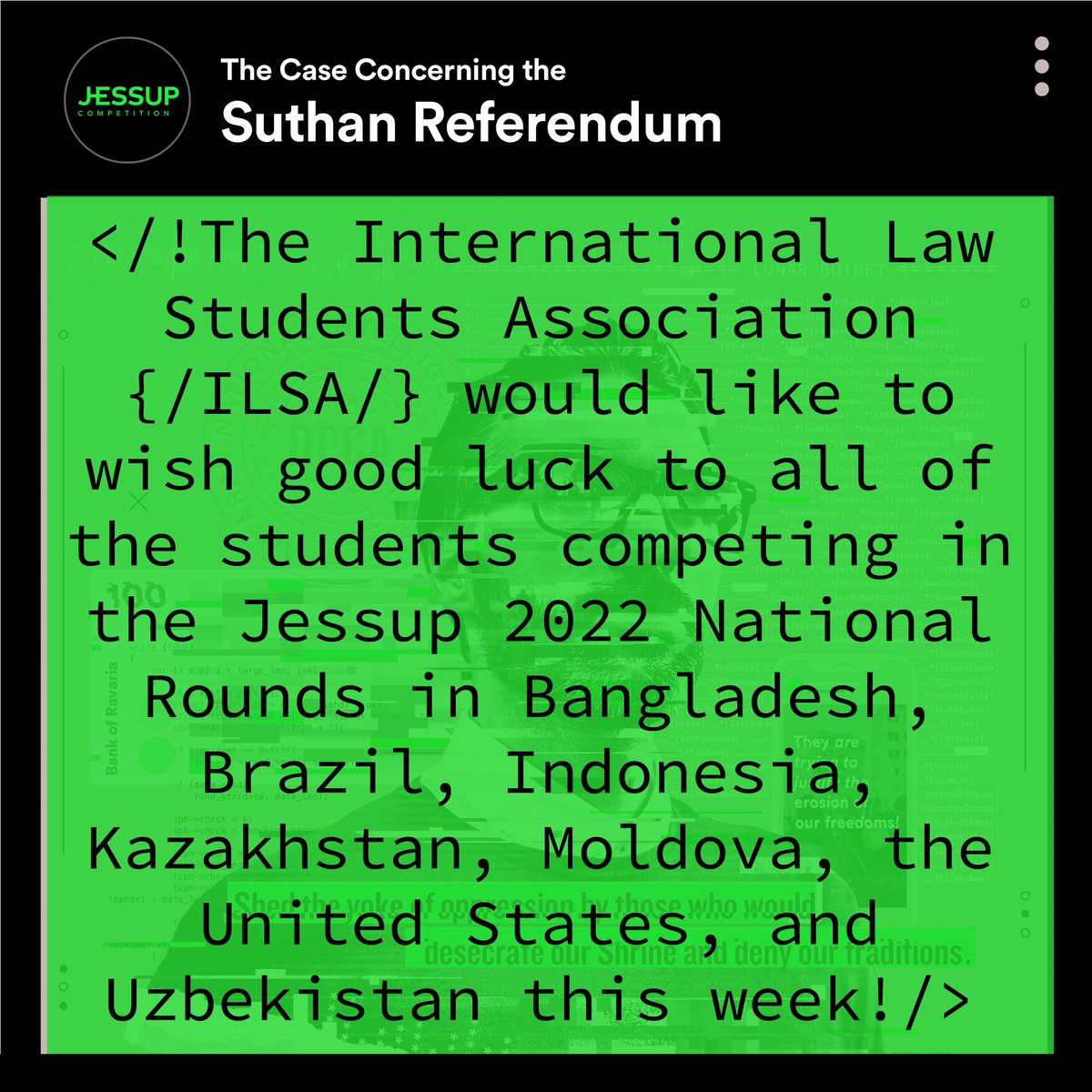 The_Jessup's tweet photo. We want to wish good luck to all of the students competing in the Jessup 2022 National Rounds in Bangladesh, Brazil, Indonesia, Kazakhstan, Moldova, the United States, and Uzbekistan this weekend! #Jessup2022 https://t.co/D7SIiT5wKi