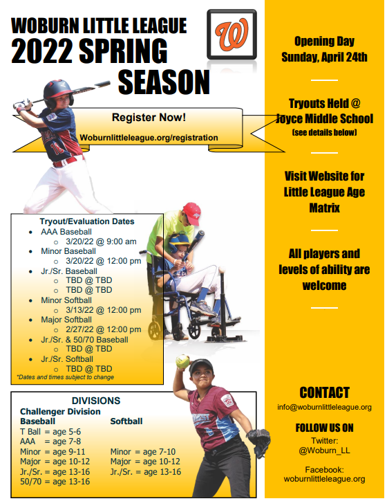 Registrations and Tryouts for the Woburn Little League 2022 Spring Season are open. All dates and times are subject to change.
ow.ly/mQGN50HWKJe