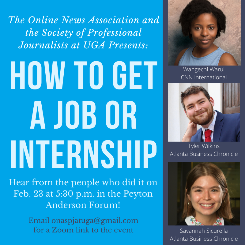 ONASPJatUGA's tweet photo. As everyone is knee deep in apps right now, we are hosting a panel on how to nail those apps and get hired! ⚡️

Join us in the PAF on Feb. 23 to hear from UGA journalism grads who were in YOUR shoes not long ago, and Ken Foskett from the AJC who runs the internship program there! https://t.co/gtXxpRzIpJ